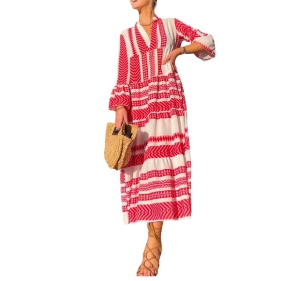 Silk And Salt Dress Aztec Print Boho Red White Midi Length Oversized Easy Fit - Picture 6 of 16